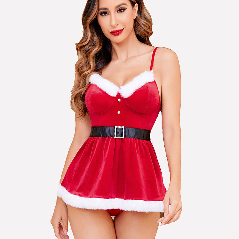Red velvet Santa chemise lingerie set with fur trim and black belt; Christmas lingerie for women