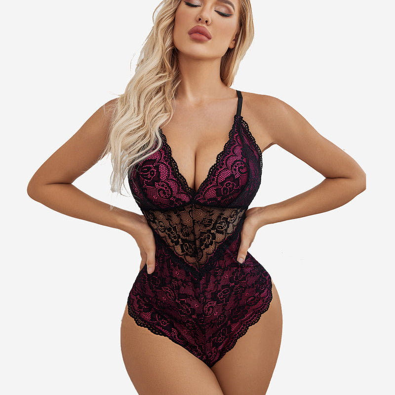 Burgundy and black floral lace teddy lingerie with snap crotch, adjustable straps, confident fit