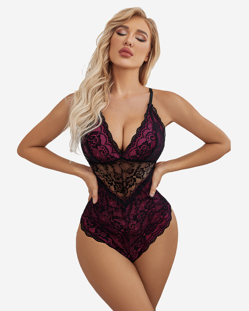 Burgundy and black floral lace teddy lingerie with snap crotch, adjustable straps, confident fit
