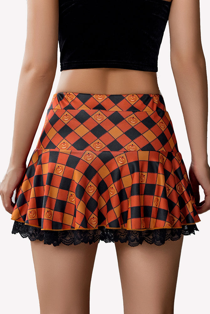 Avidlove Halloween mini skirt with plaid pattern, A-line flared design with lace trim.