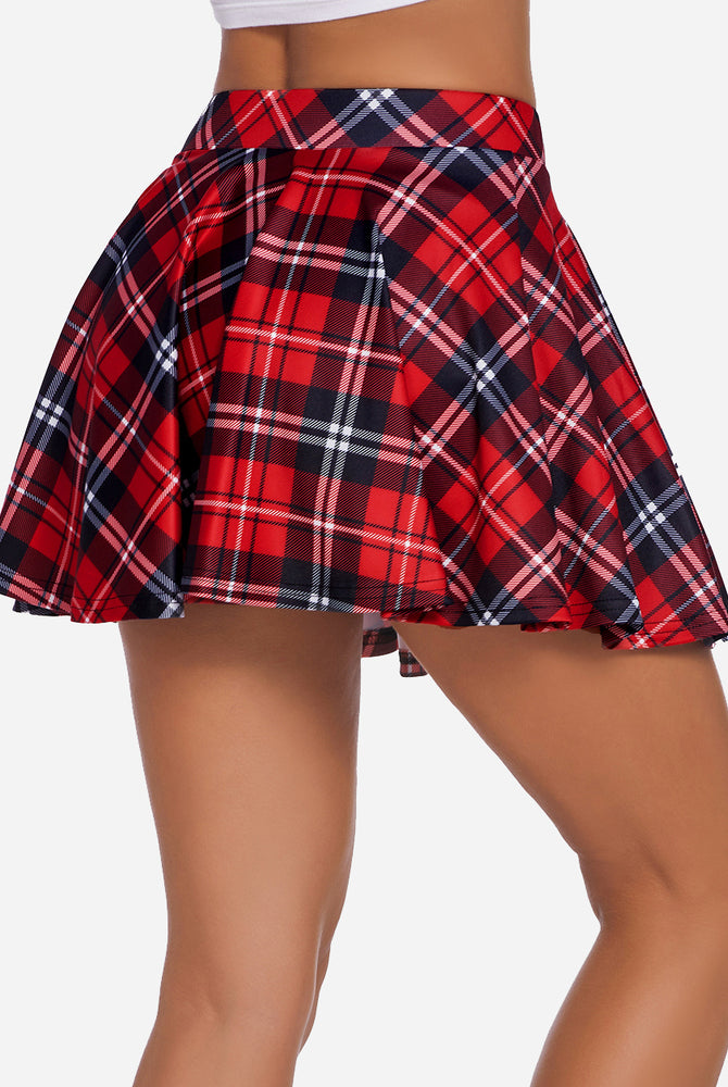 Red plaid A-line skirt, high waist, mini skirt, comfortable and breathable fabric.