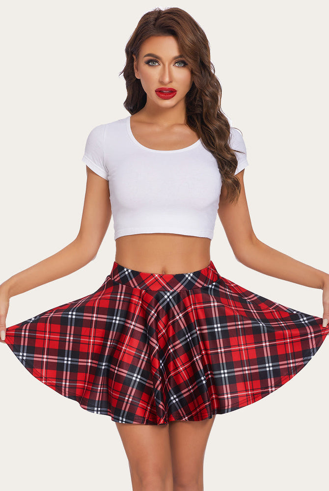 Red plaid A-line mini skirt with white crop top, perfect for stylish and comfortable outfits.