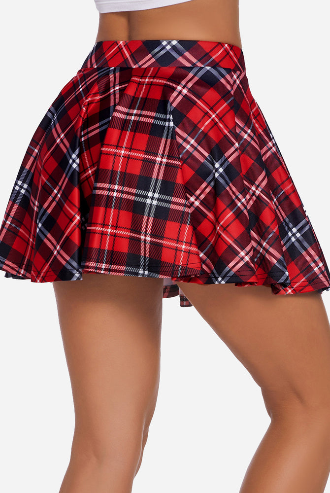 Red plaid A-line skirt, high waist mini skirt. Comfortable, breathable schoolgirl style.