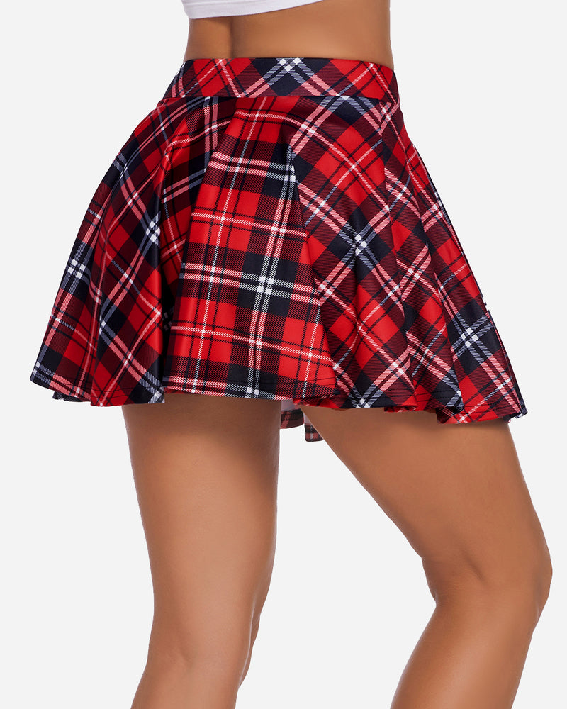 Red plaid A-line skirt, high waist mini skirt. Comfortable, breathable schoolgirl style.