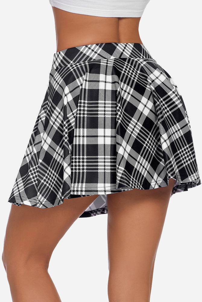Black and white plaid A-line mini skirt, schoolgirl style, comfortable and breathable fabric.