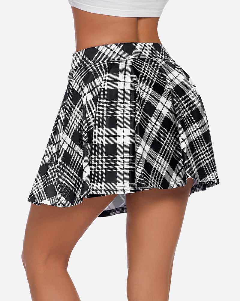 Black and white plaid A-line mini skirt, schoolgirl style, comfortable and breathable fabric.