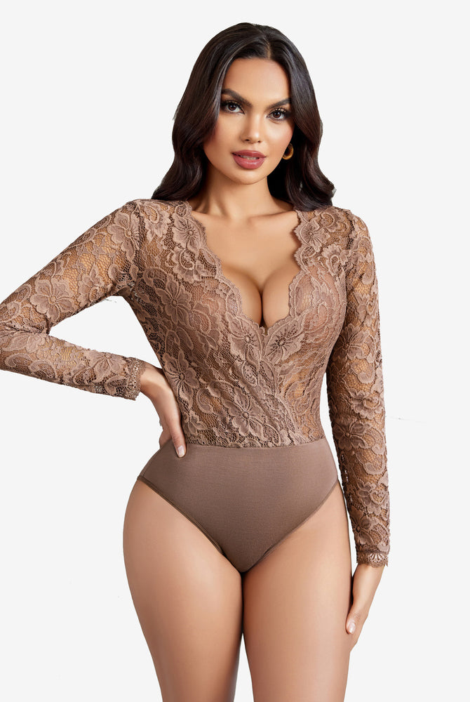 Mocha lace bodysuit, deep V-neck and long sleeves; Sexy lingerie for women; Snap crotch design