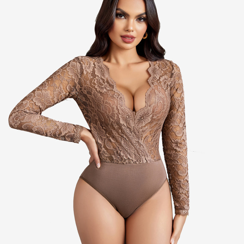 Mocha lace bodysuit, deep V-neck and long sleeves; Sexy lingerie for women; Snap crotch design