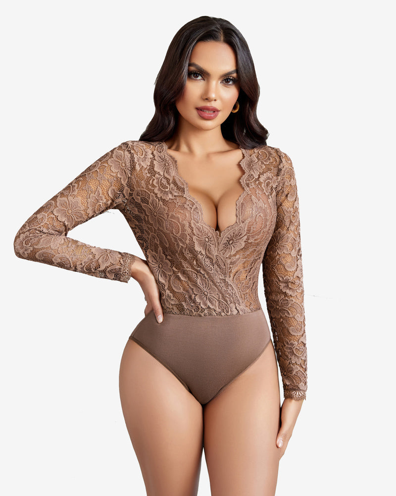 Mocha lace bodysuit, deep V-neck and long sleeves; Sexy lingerie for women; Snap crotch design