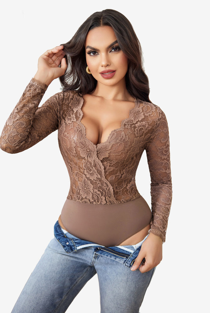 Mocha lace bodysuit with deep V-neck and long sleeves. Sexy lingerie for women; snap crotch design.