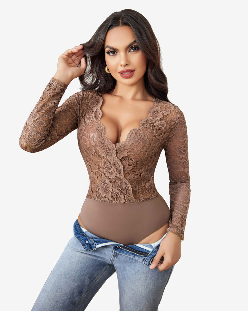 Mocha lace bodysuit with deep V-neck and long sleeves. Sexy lingerie for women; snap crotch design.