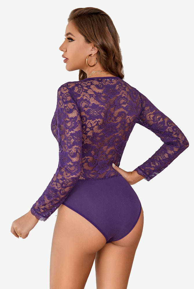 Purple lace long sleeve bodysuit for women with deep V-neck; Sexy lingerie. Floral lace details.