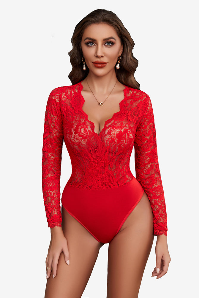 Red lace bodysuit with deep V-neck and long sleeves for women; sexy lingerie with snap crotch