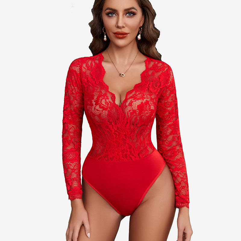 Red lace bodysuit with deep V-neck and long sleeves for women; sexy lingerie with snap crotch