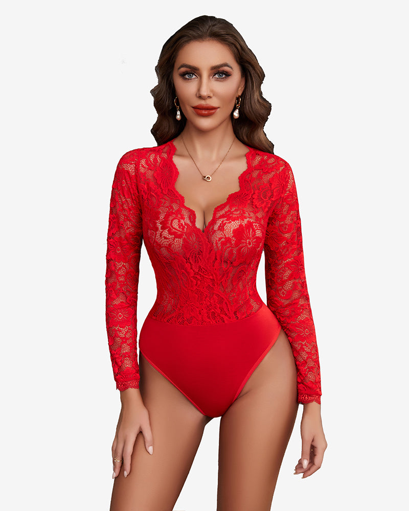 Red lace bodysuit with deep V-neck and long sleeves for women; sexy lingerie with snap crotch
