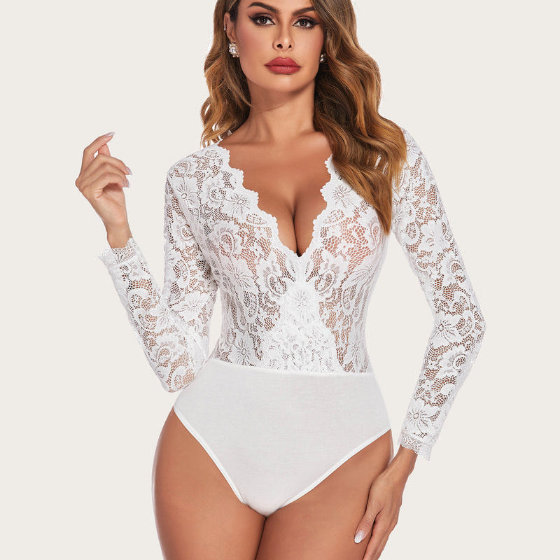 White lace bodysuit with deep V-neck and snap crotch. Elegant and sexy lingerie for women.