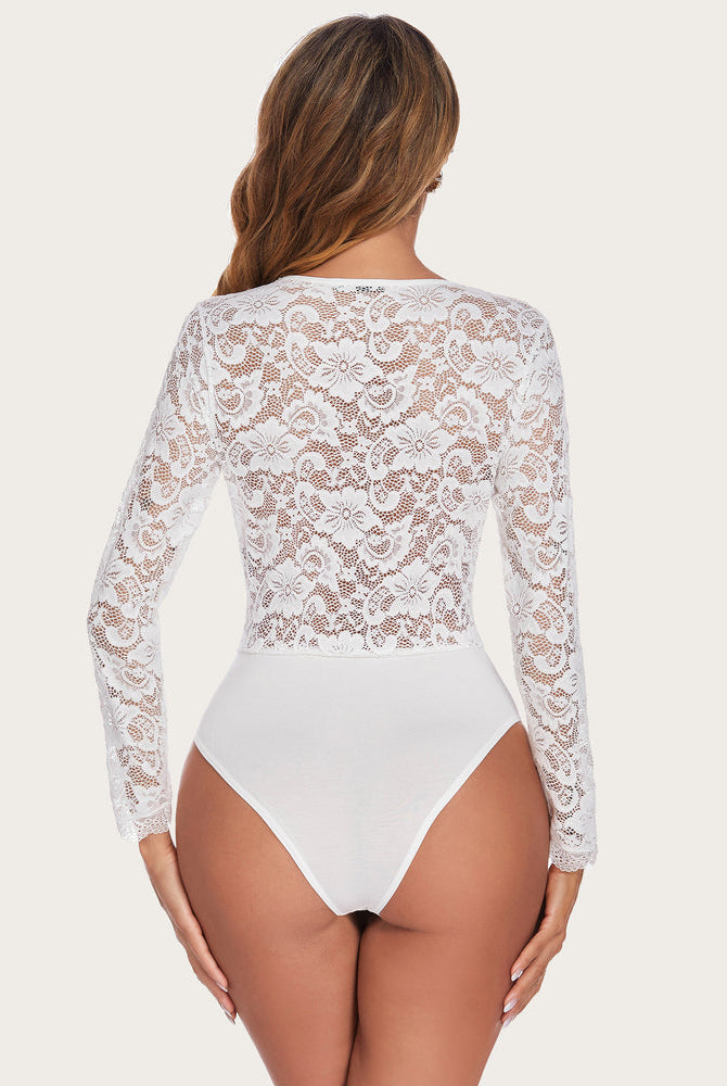 White lace long sleeve bodysuit with deep V-neck and snap crotch; sexy lingerie
