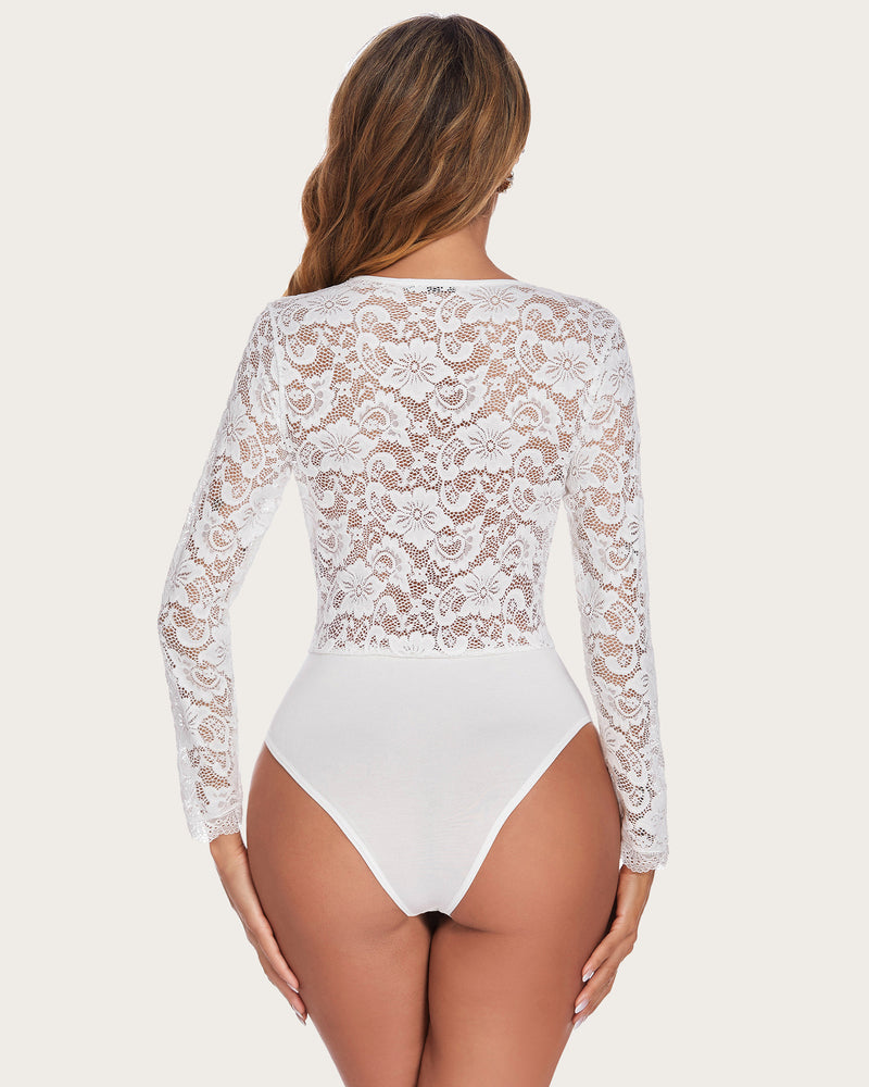 White lace long sleeve bodysuit with deep V-neck and snap crotch; sexy lingerie