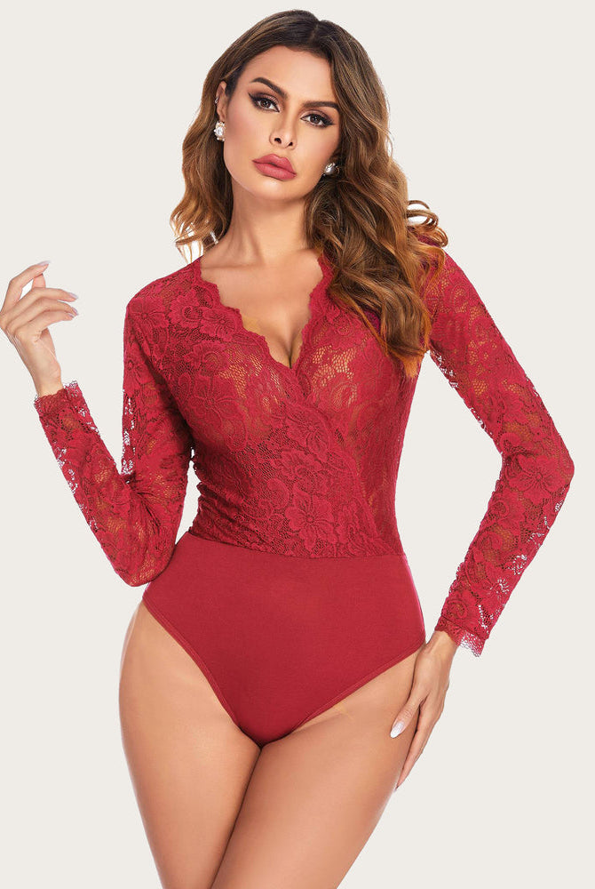 Red lace bodysuit with long sleeves and deep V-neck; sexy lingerie for women