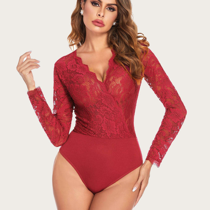 Red lace bodysuit with long sleeves and deep V-neck; sexy lingerie for women