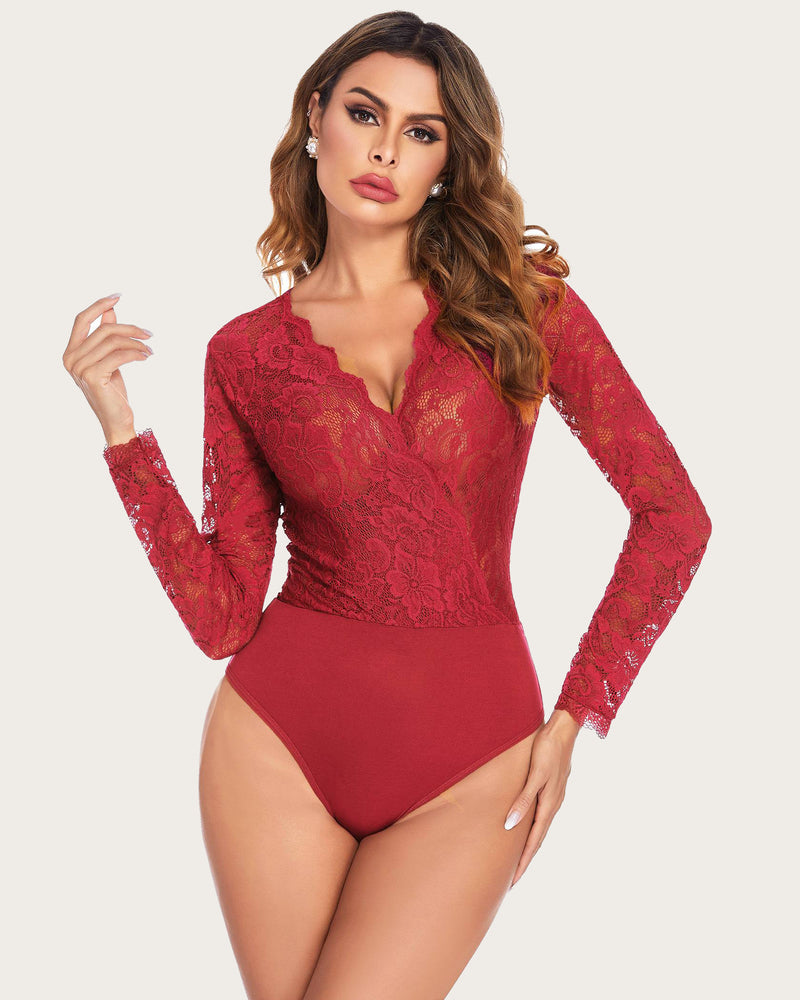 Red lace bodysuit with long sleeves and deep V-neck; sexy lingerie for women