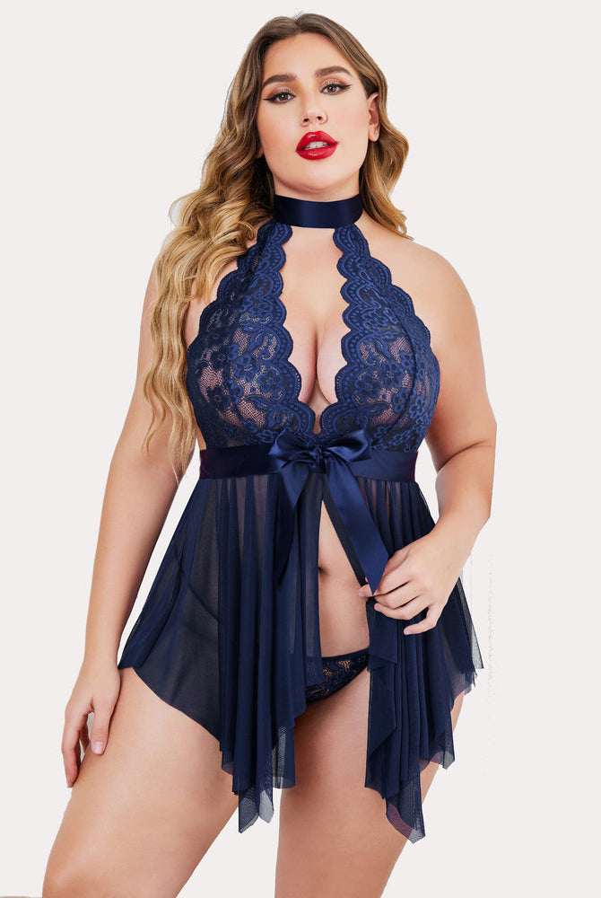 Plus Size Navy Blue Lace Babydoll Lingerie, Halter Neck and Satin Bow