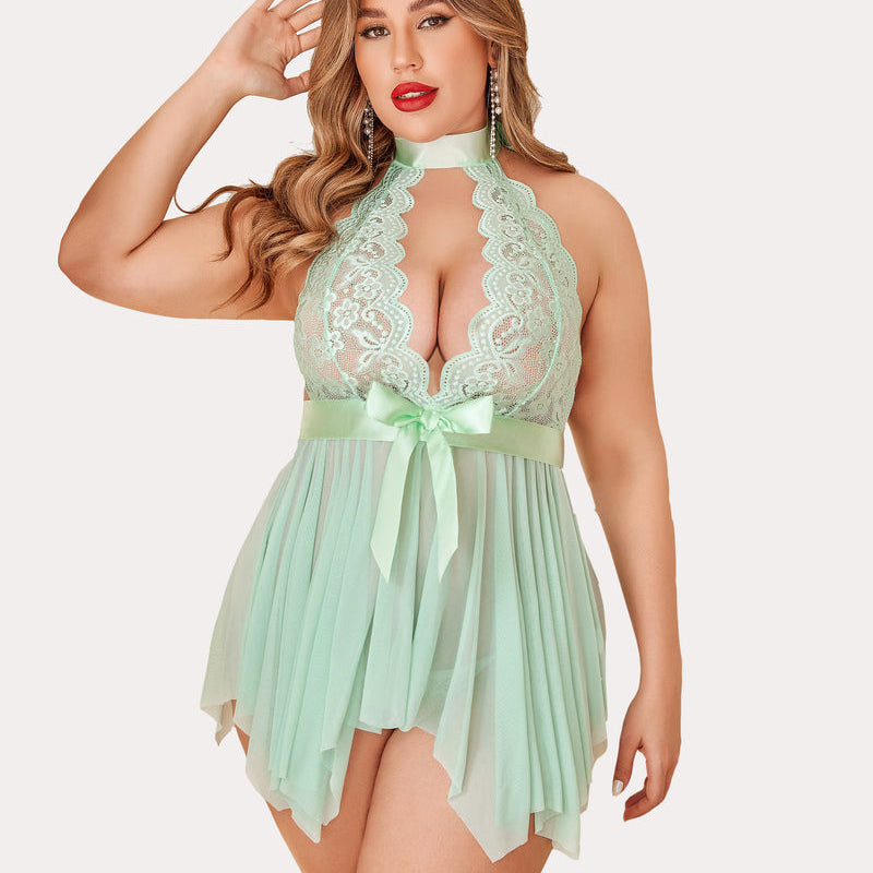 Plus Size Mint Green Lace Babydoll Lingerie with Bow, Halter Neck Design
