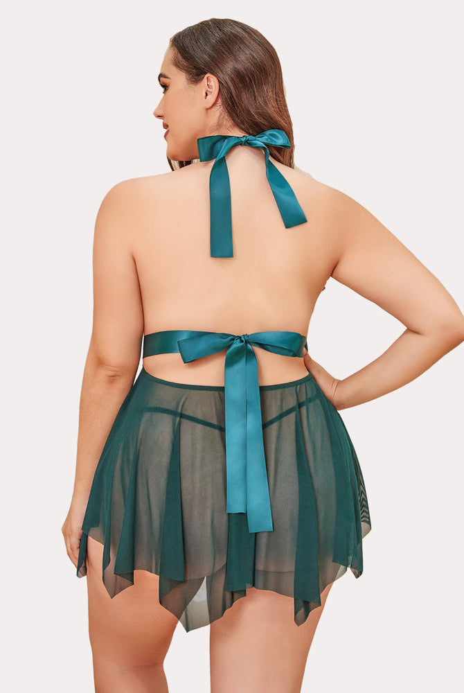 Plus Size Teal Green Babydoll Lingerie Set with Halter Neck and Satin Bow