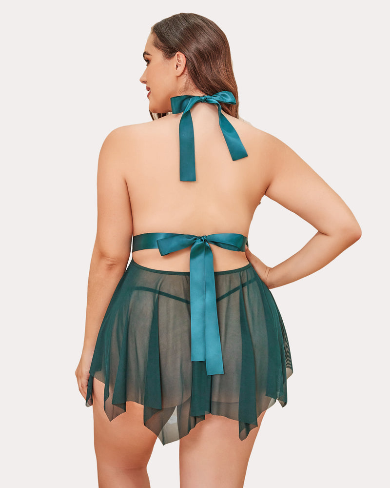 Plus Size Green Lace Babydoll Lingerie with Halter Neck, Satin Bow, and Mesh Skirt