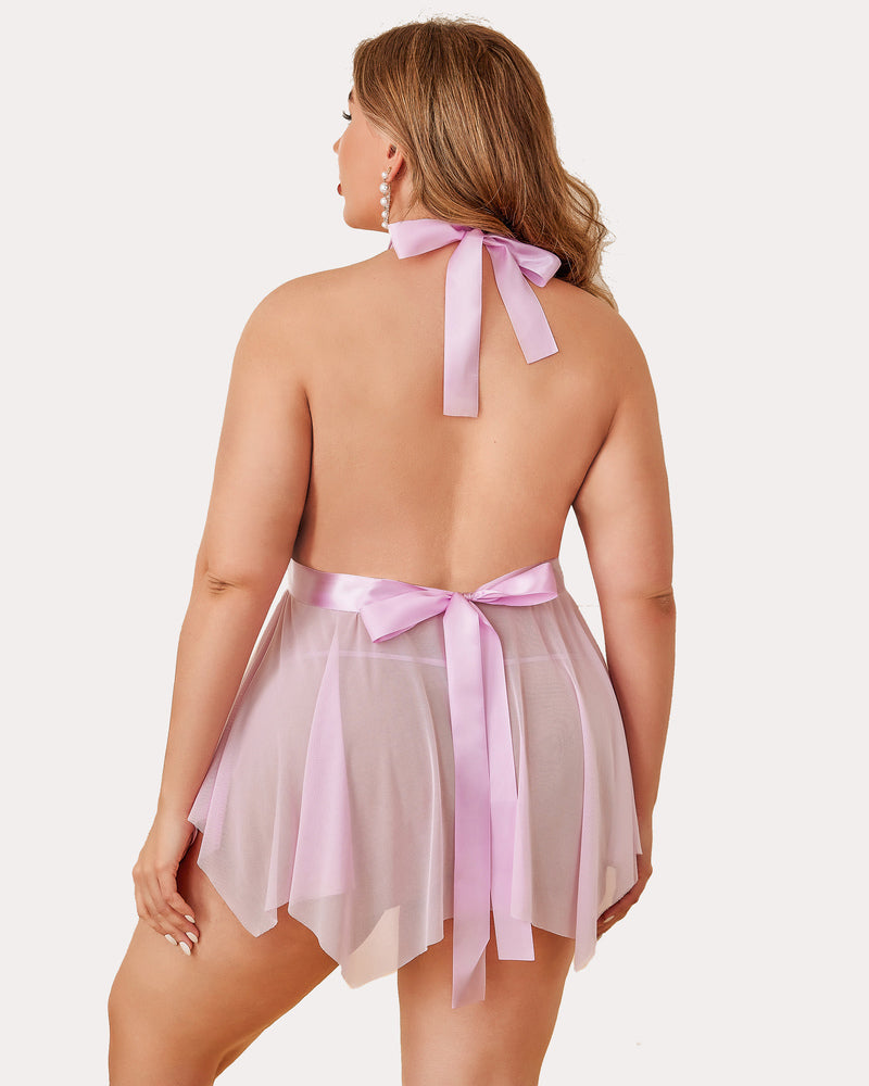 Plus Size Light Purple Babydoll Lingerie with Halter Neck, Satin Bows and Sheer Mesh Skirt
