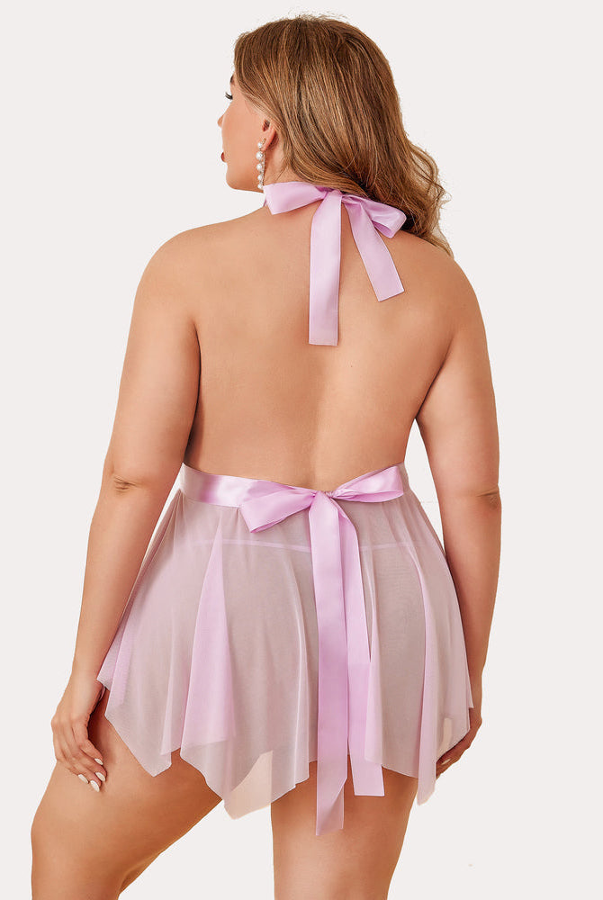 Plus Size Lavender Lingerie with Halter Neck and Satin Bow