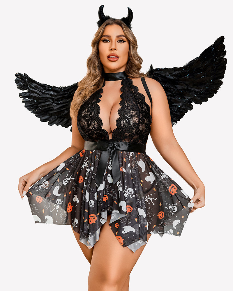 Plus size Halloween babydoll with black lace halter, bow, and spooky print skirt.