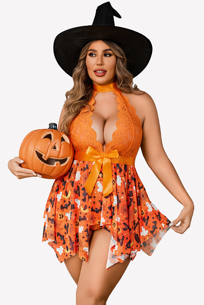 Plus size Halloween babydoll set with black witch hat, orange lace halter and pumpkin