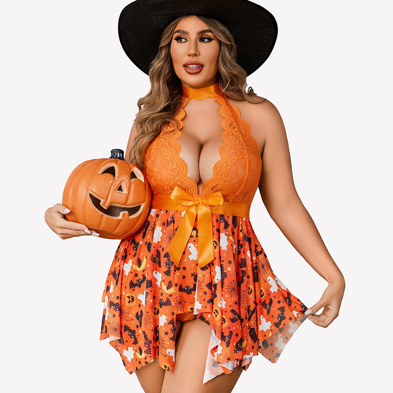 Plus size Halloween babydoll set with black witch hat, orange lace halter and pumpkin