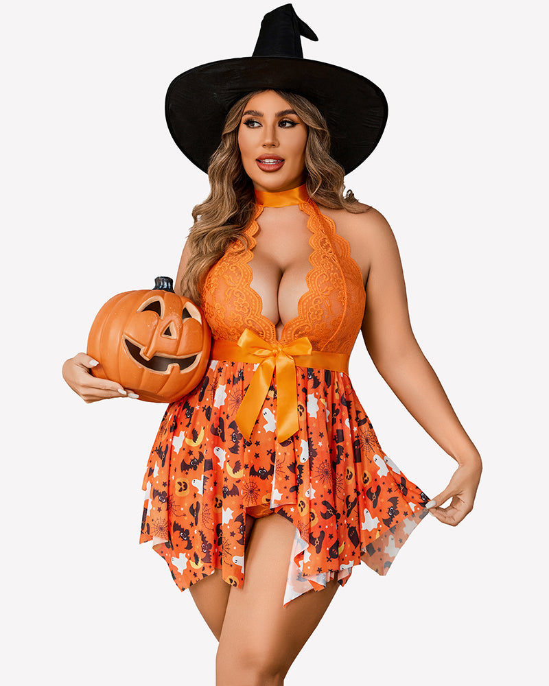 Plus size Halloween babydoll set with black witch hat, orange lace halter and pumpkin
