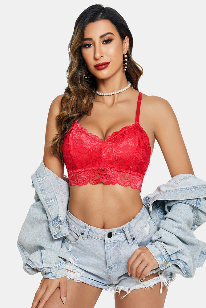 Red floral lace bralette with denim shorts and jacket. Sexy lingerie by Avidlove.