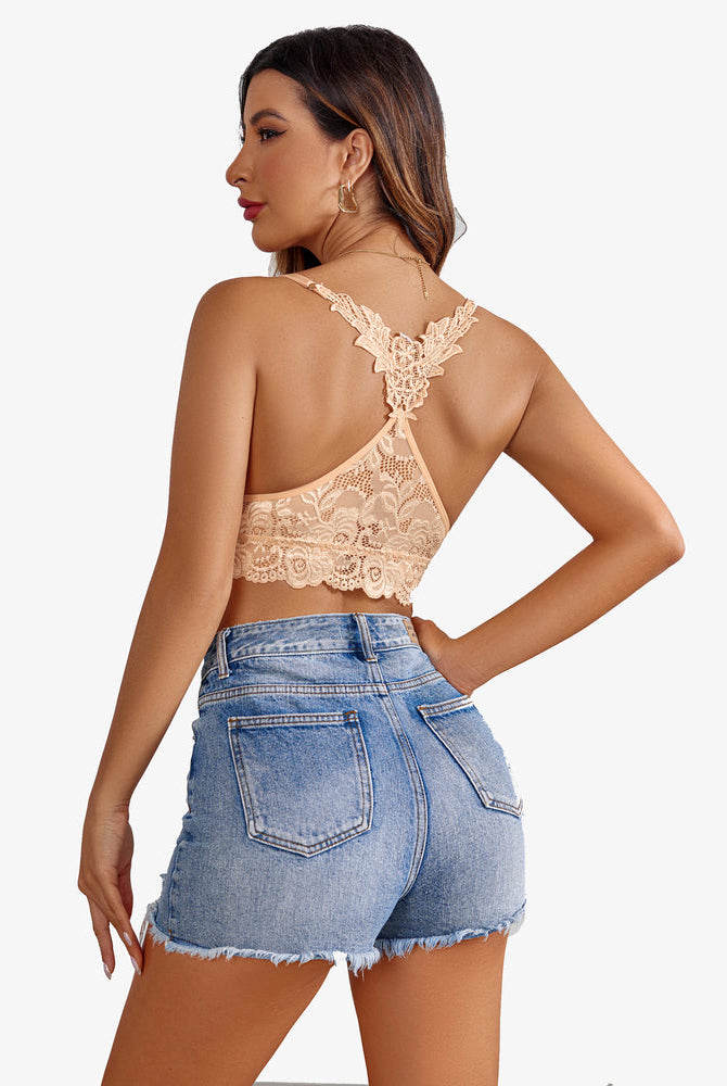 Beige floral lace bralette crop top and denim shorts. Sexy Avidlove lingerie. Racerback design.