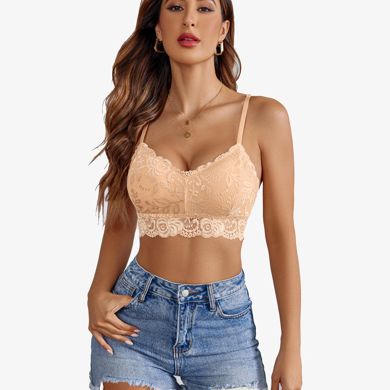 Avidlove peach floral lace bralette crop top with denim shorts. Sexy V-neck lingerie for women.