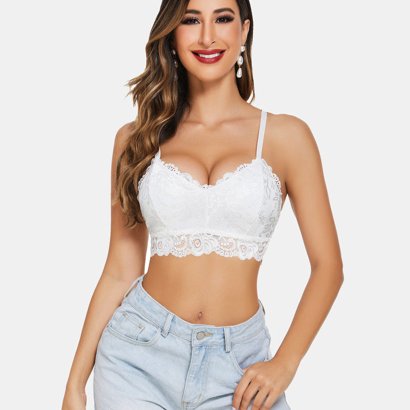 White floral lace V-neck bralette crop top from Avidlove, paired with denim shorts. Sexy lingerie.