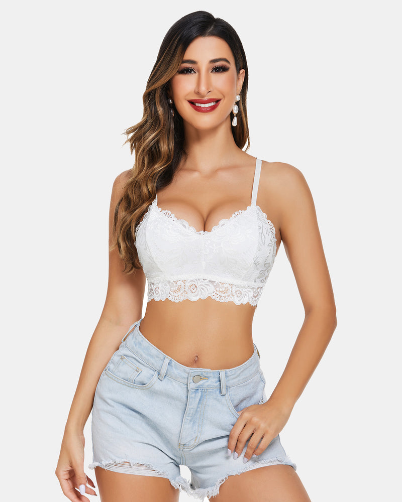 White floral lace V-neck bralette crop top from Avidlove, paired with denim shorts. Sexy lingerie.