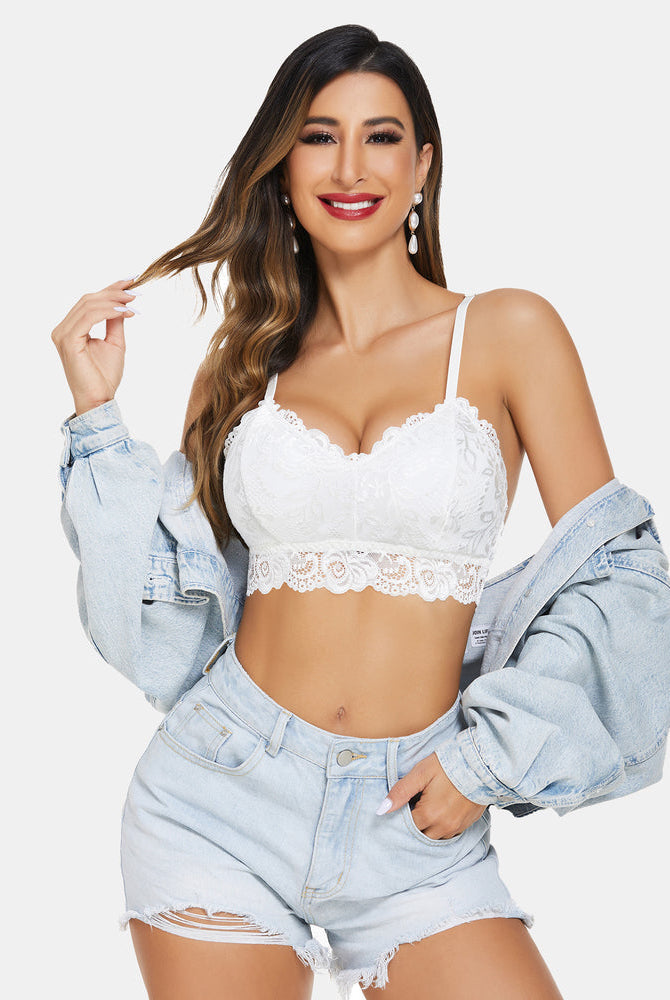 Avidlove white floral lace bralette with denim shorts. Sexy women's lingerie. V-neck crop top