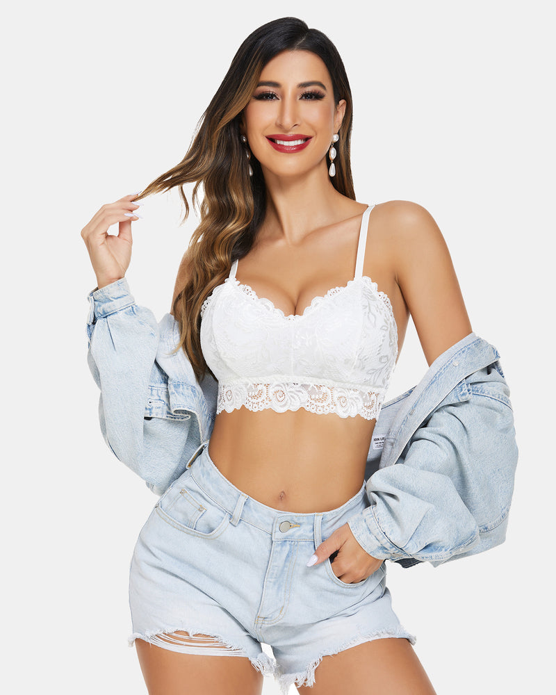 Avidlove white floral lace bralette with denim shorts. Sexy women's lingerie. V-neck crop top