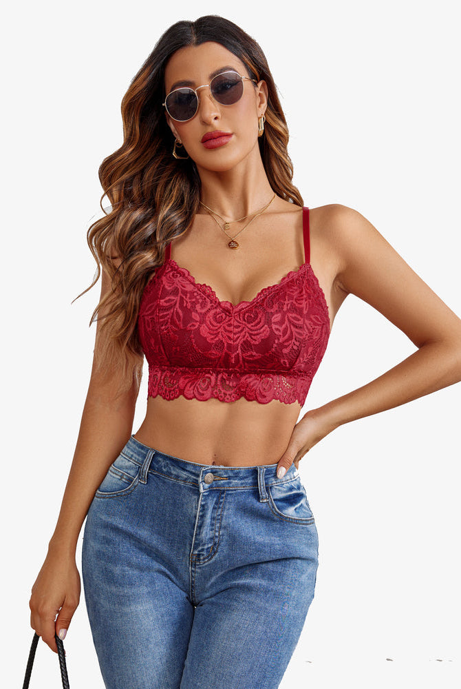 Burgundy floral lace V-neck crop top with denim jeans. Sexy Avidlove lingerie. Padded bralette.