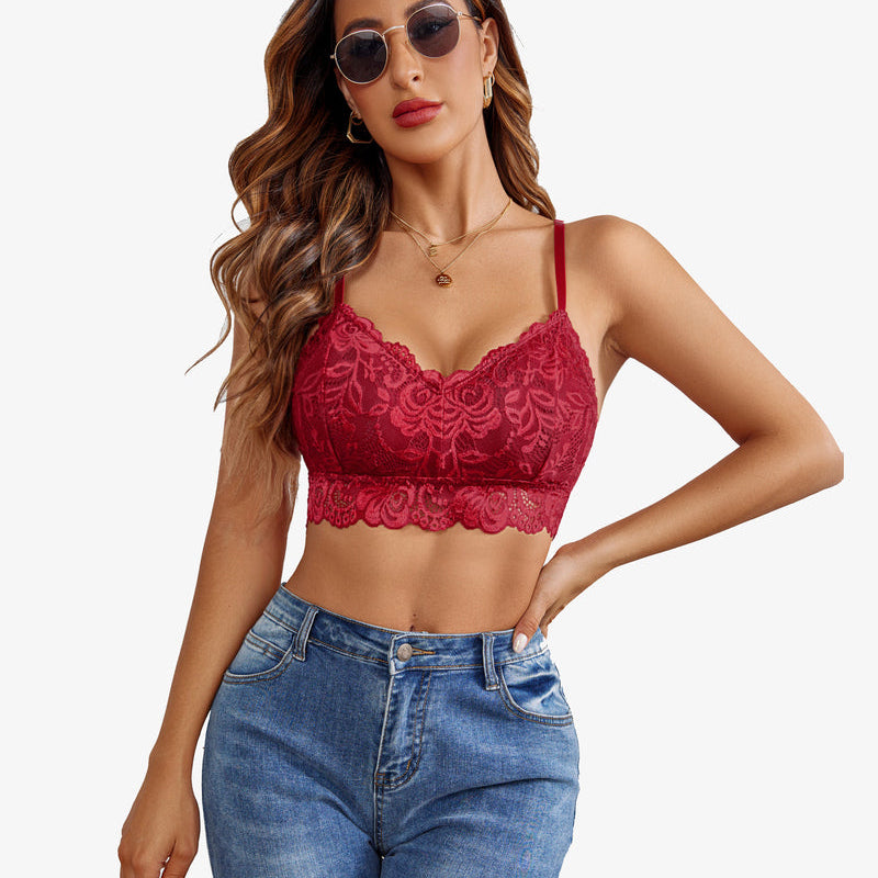 Burgundy floral lace V-neck crop top with denim jeans. Sexy Avidlove lingerie. Padded bralette.