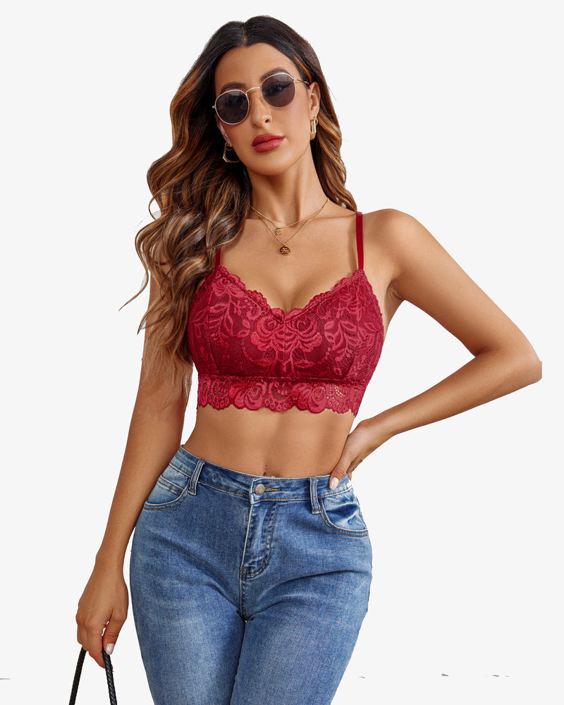 Burgundy floral lace V-neck crop top with denim jeans. Sexy Avidlove lingerie. Padded bralette.