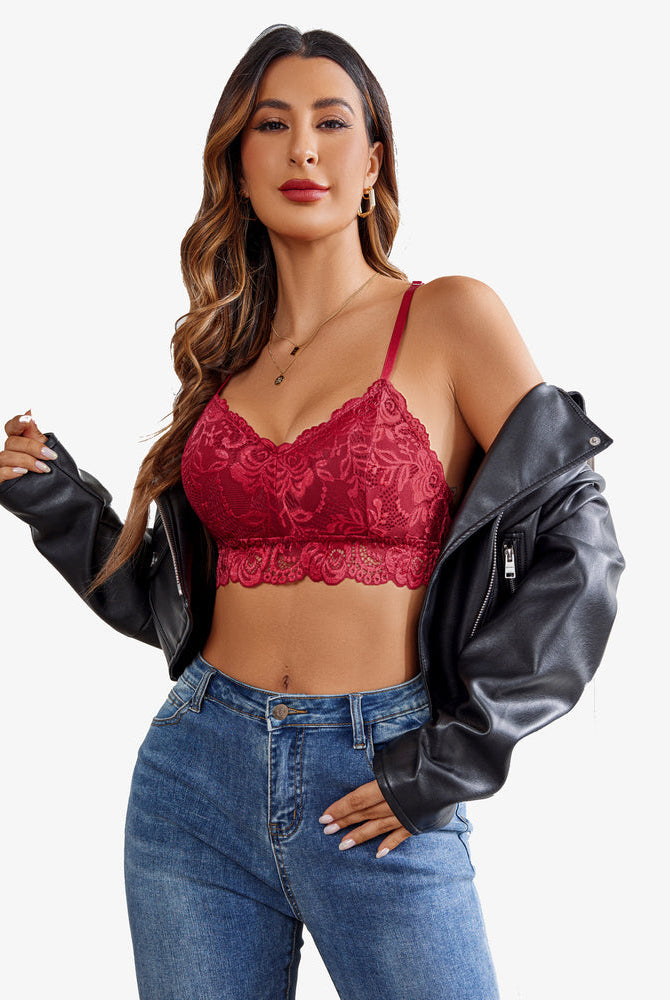 Burgundy floral lace bralette by Avidlove, paired with denim and a leather jacket. Sexy lingerie.
