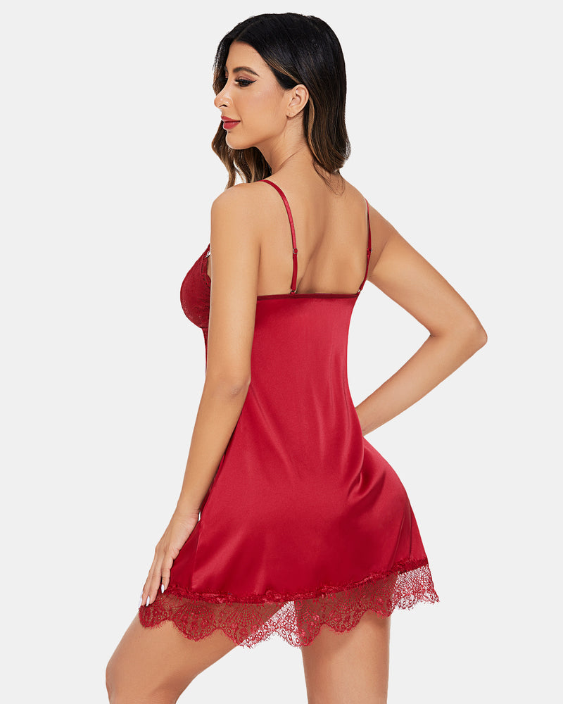 Red silk nightgown with lace cups and eyelash lace hemline, a sexy lingerie.