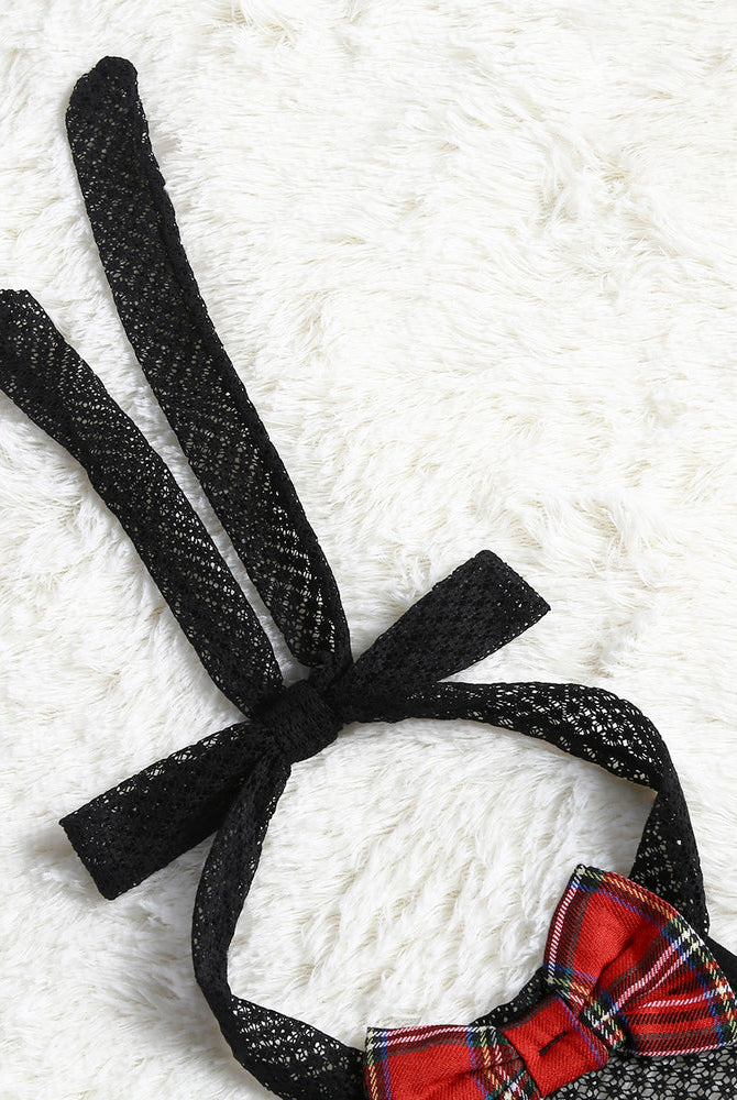 Black fishnet halter bodysuit with red plaid bow detail. Sexy Avidlove lingerie set.