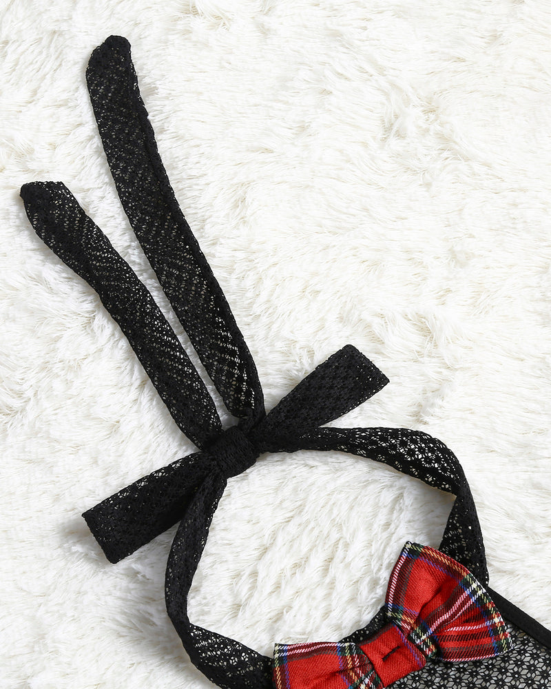 Black fishnet halter bodysuit with red plaid bow detail. Sexy Avidlove lingerie set.