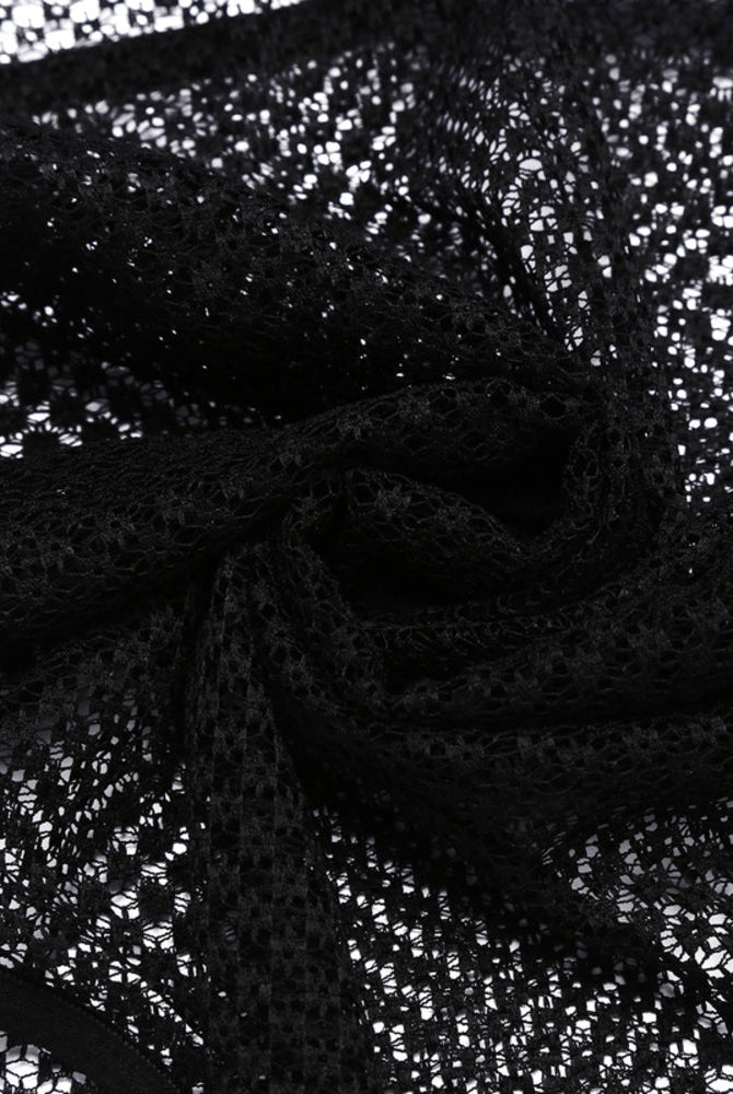 Black fishnet fabric detail from Avidlove lingerie, emphasizing its texture and open weave.